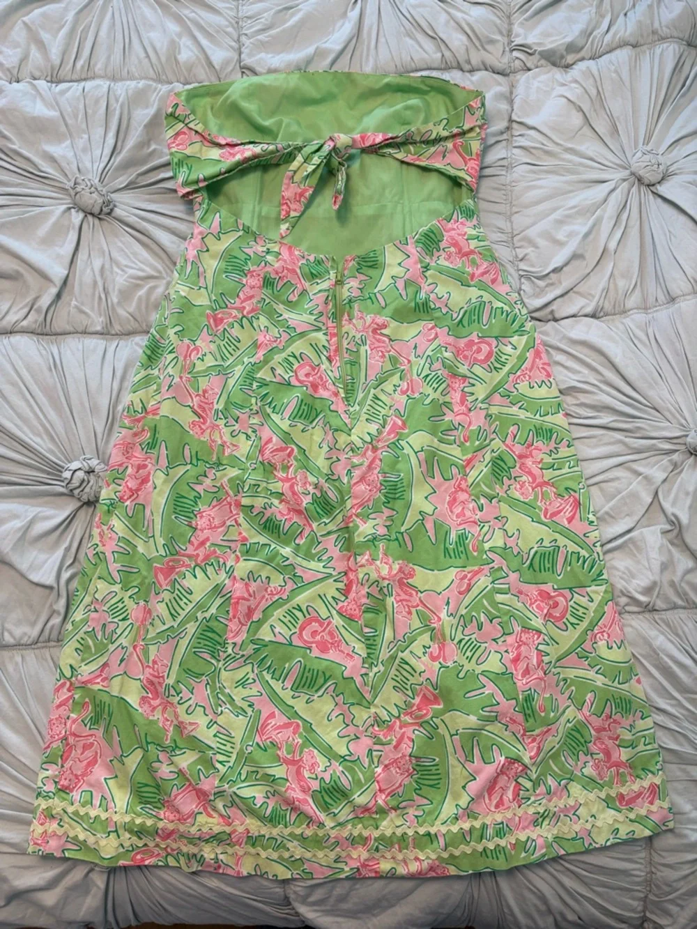 Lilly Pulitzer Strapless Floral-Leaf Dress in Green and Pink. Monkey pattern - Picture 2 of 3